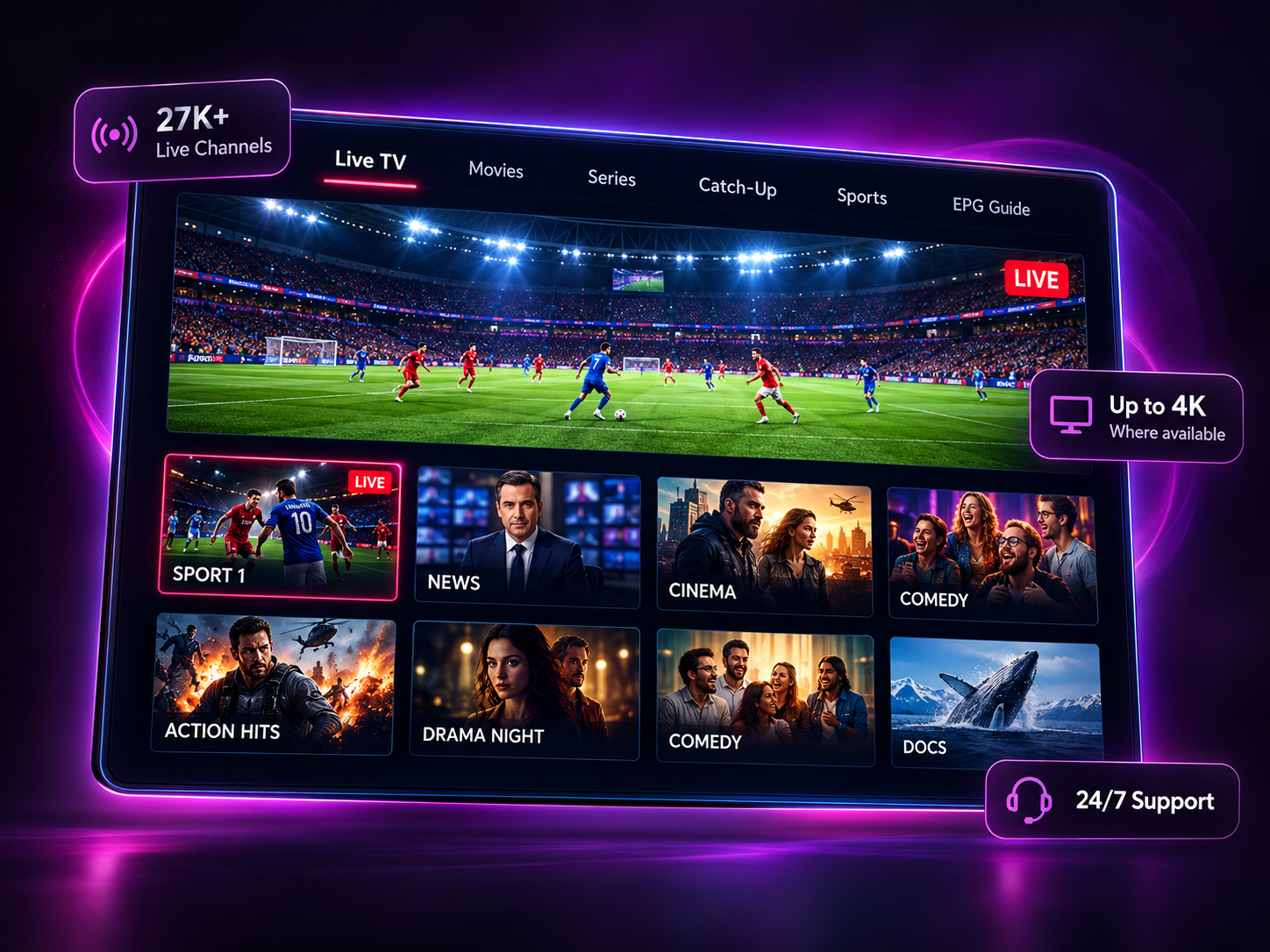 Interface preview showing live television and entertainment categories