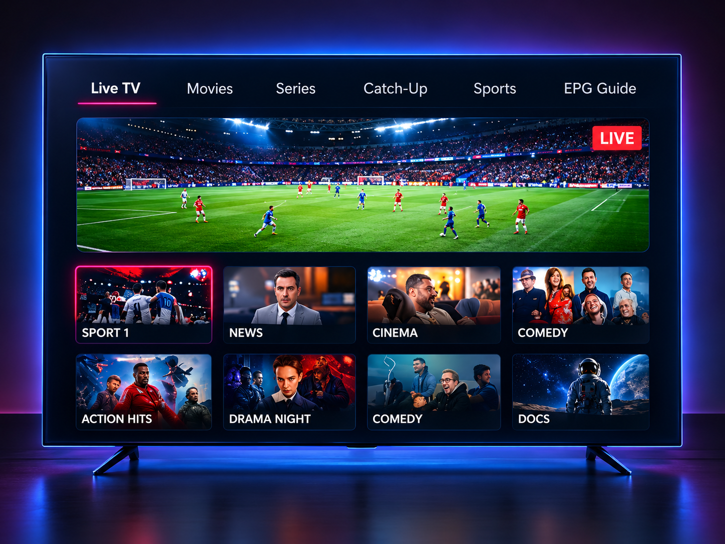 Large-screen IPTV interface showing live football, entertainment categories and a blue-lit television display